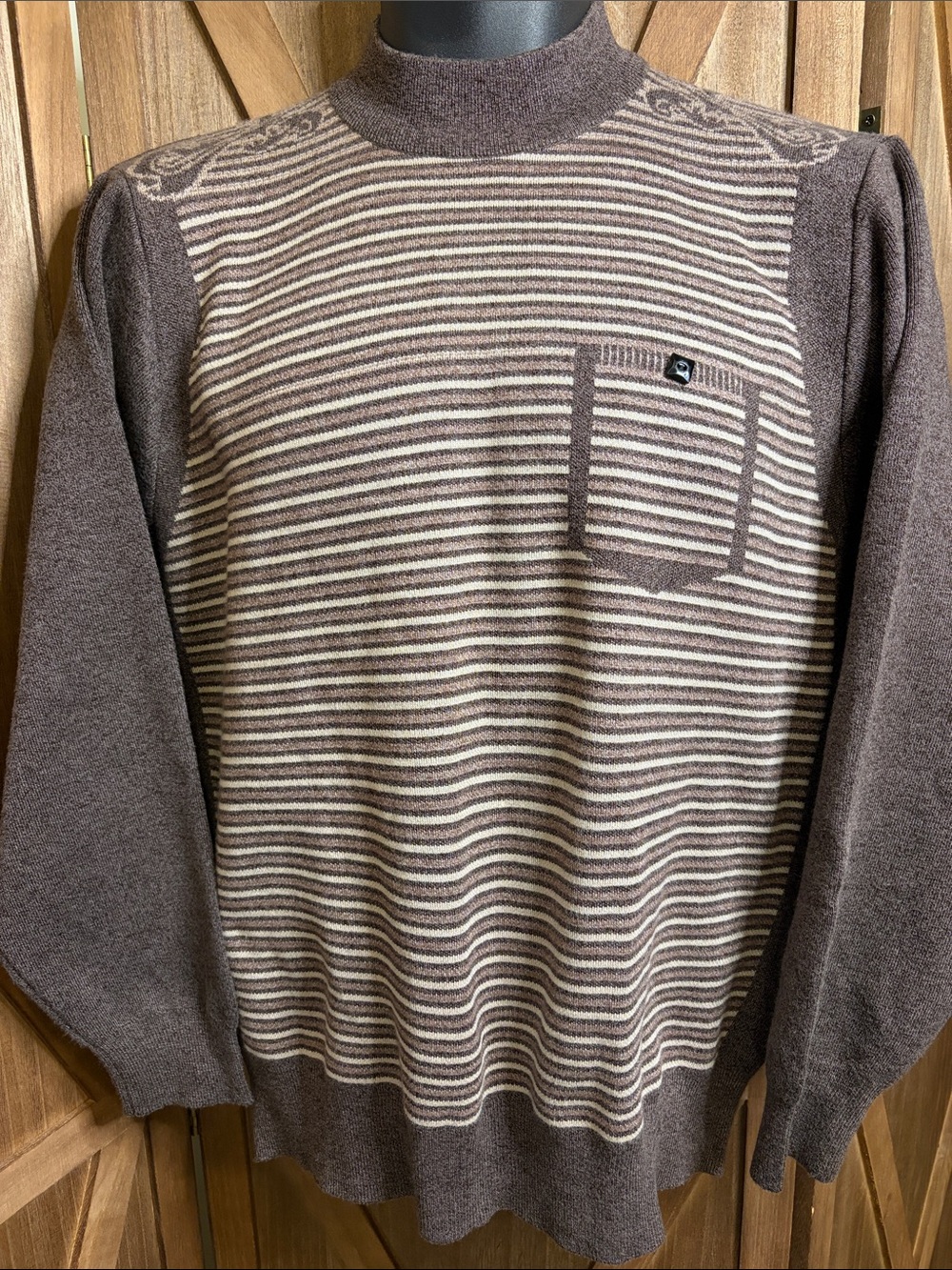 HK JIOULUWANG Mock Neck Fine Knit Striped Sweater Brown Wool Cashmere